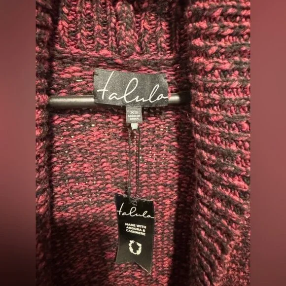 Aritzia x Talula Cashmere Angora blend Burgundy knit open waterfall cardigan XS - Picture 2 of 5